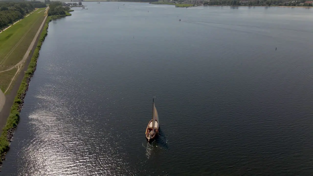 Static high angle of boat sailing over river