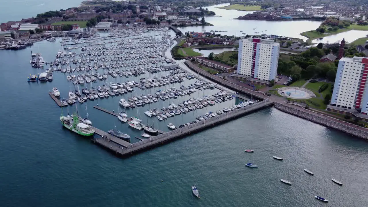 Aerial View Of Ships Dock At Haslar Marina In Gosport Town Hampshire Southeast England