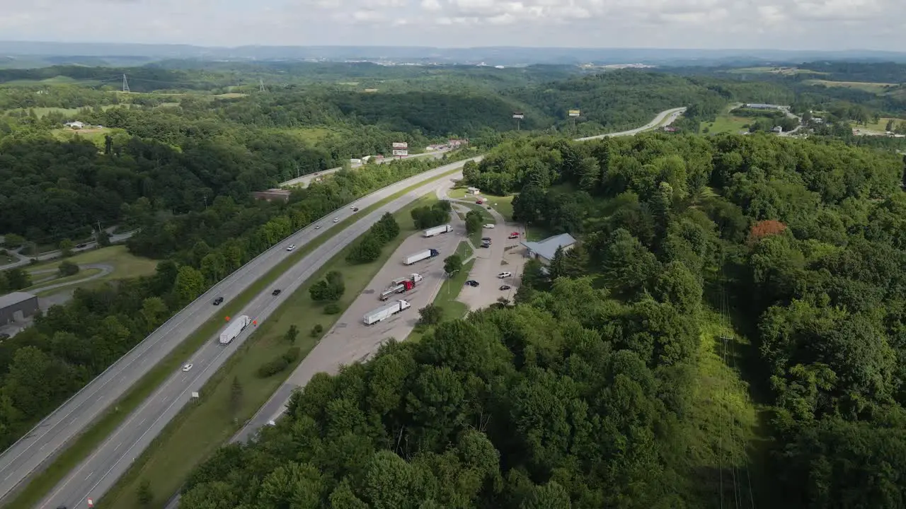 Interstate 79 in West Virginia at Rest Stop In The Appalachian Mountain Range Aerial View