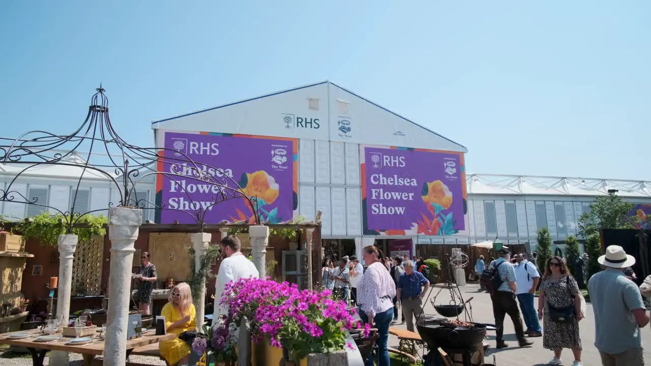 Side shot of the main entrance to the Chelsea flower show main tent