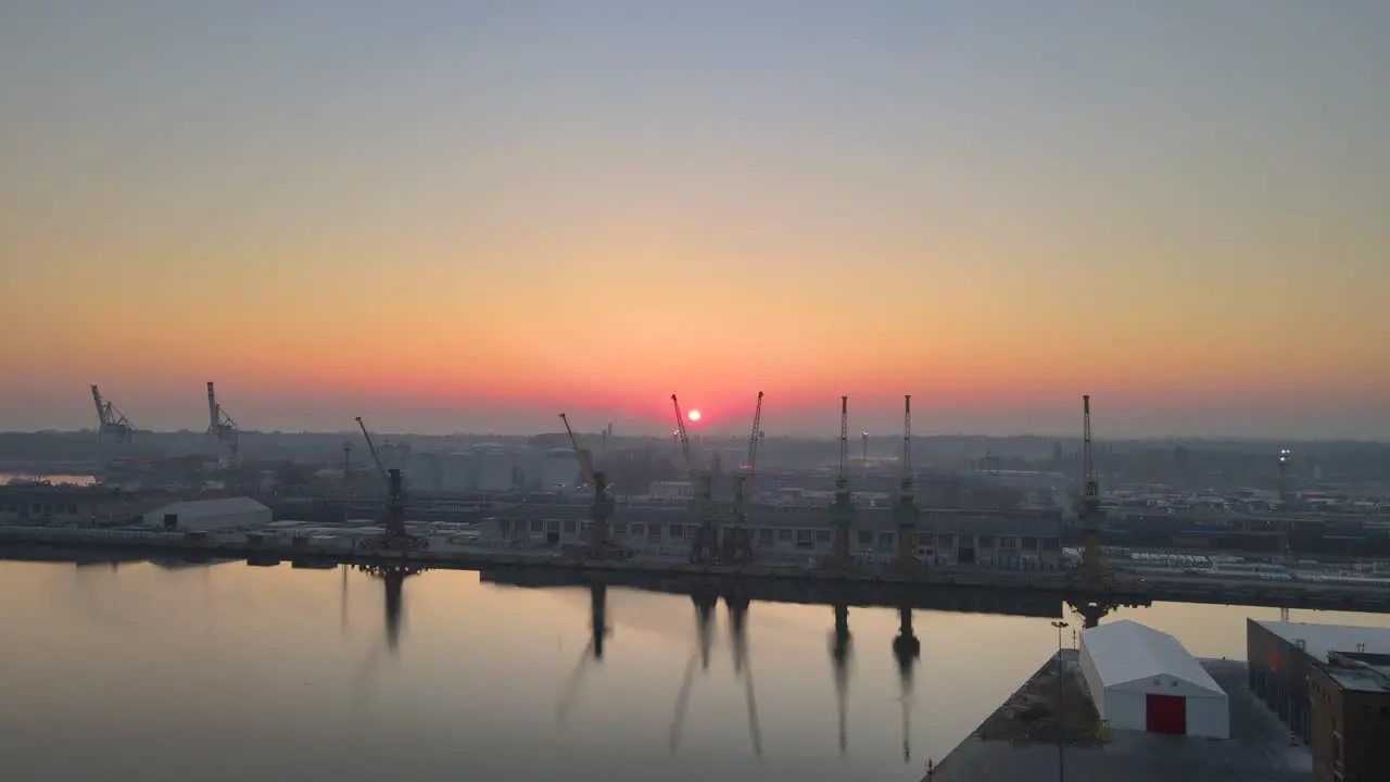 Shipyard Cranes During A Sunrise Aerial Szczecin City