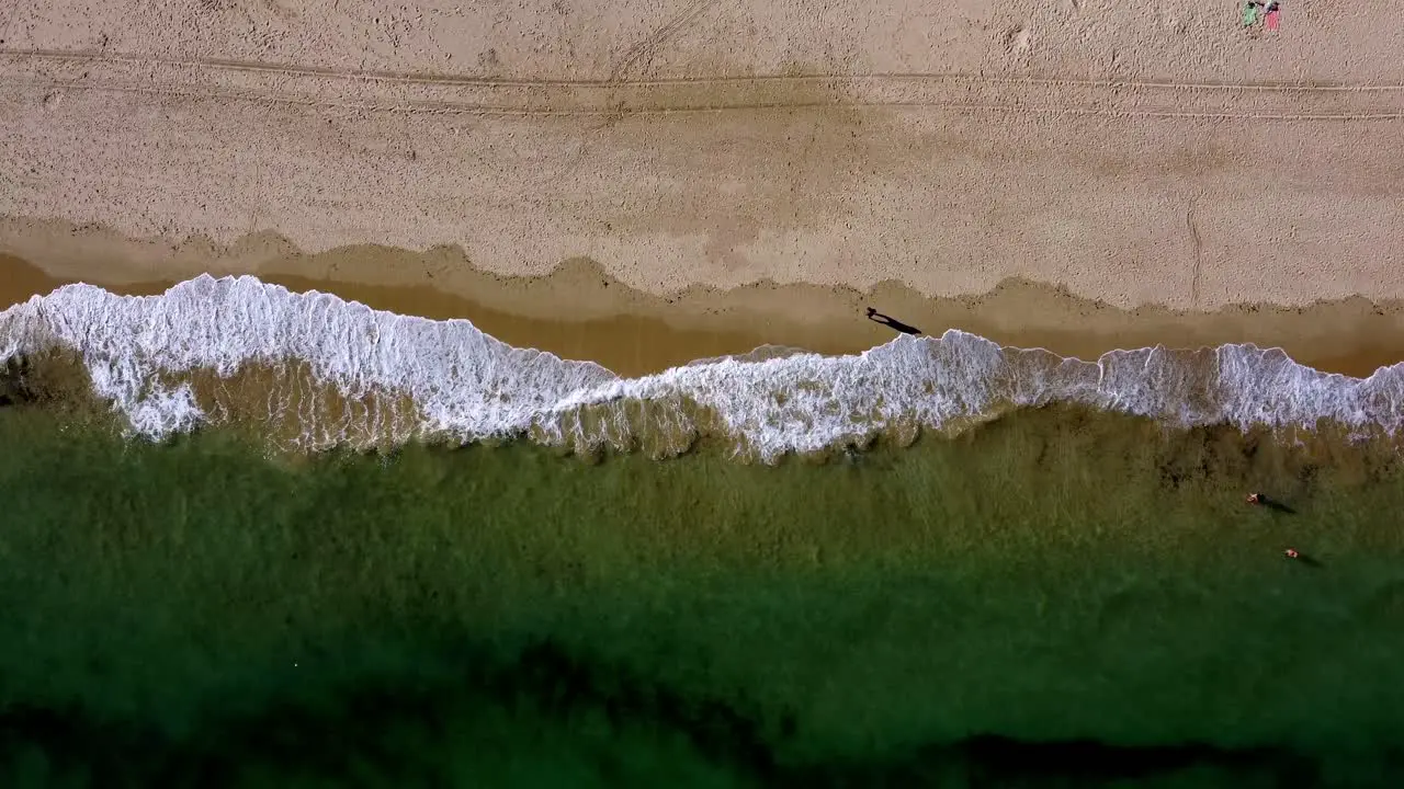 Green waves crash on to sandy beach only a few people birds-eye drone aerial