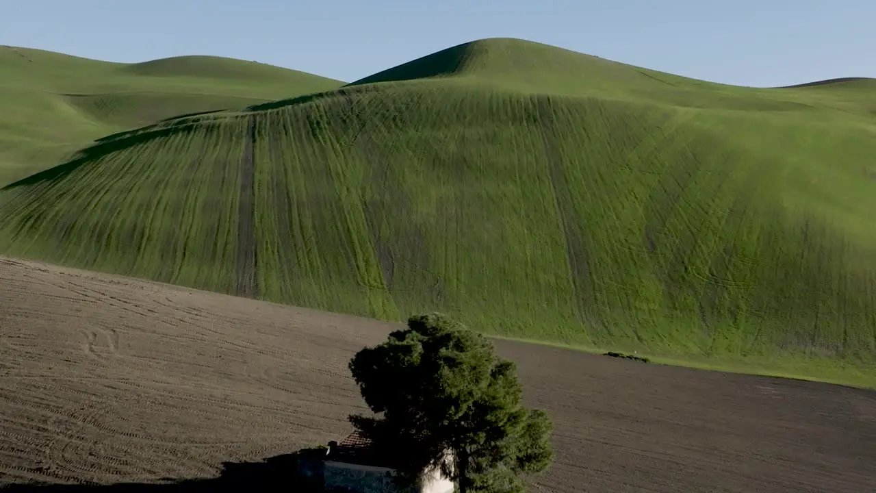 Italian hut with Tree in green and brown field flyover aerial