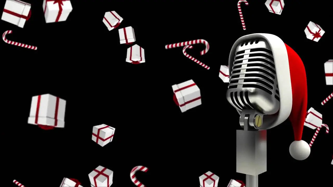 Animation of santa hat on microphone over falling candy canes gift boxes against black background