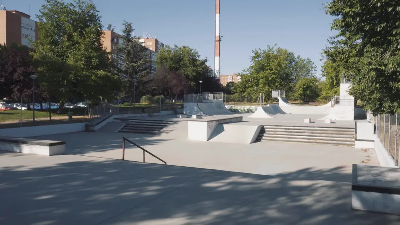 Empty skatepark wide shot with no people during coronavirus pandemic