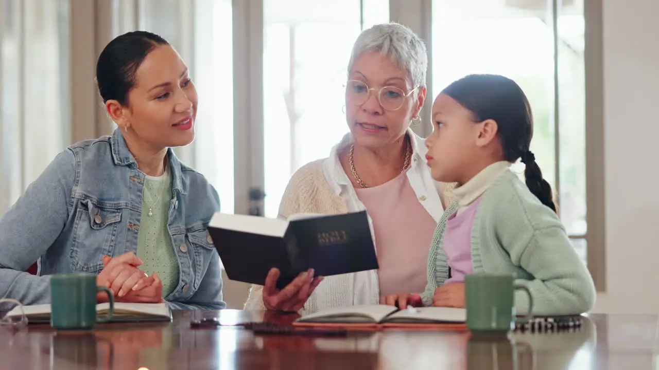 Family child and reading Bible for christian