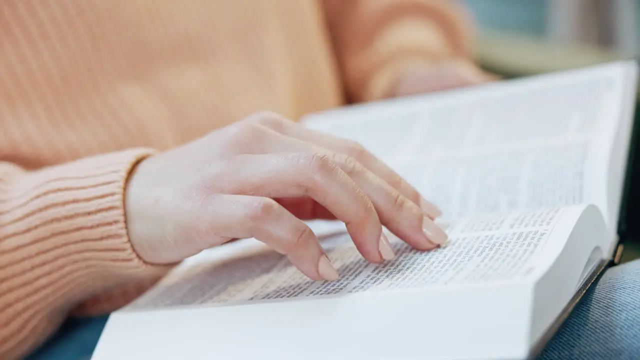 Hand bible study and woman reading a book