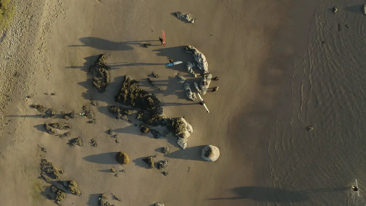 4k Static aerial shot of surfers walking on a beach with their surf boards during sunset at Byron Bay Australia