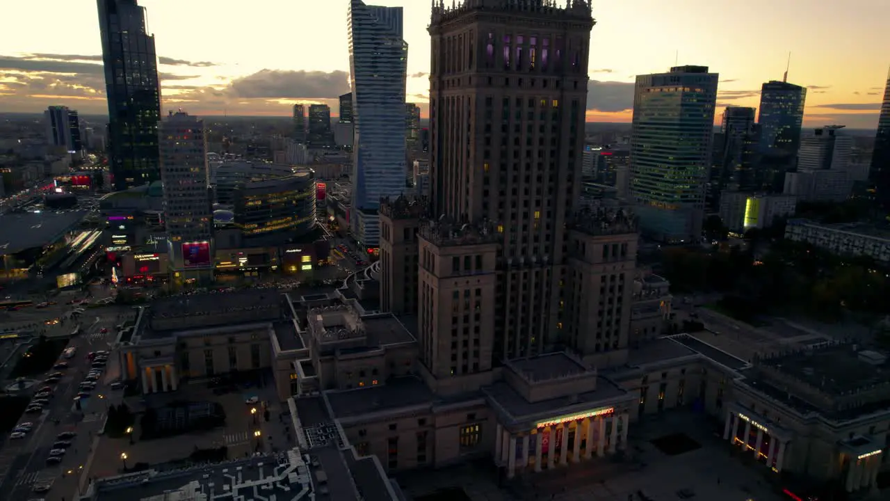 Epic aerial view of the Palace of culture of Warsaw at dusk Poland