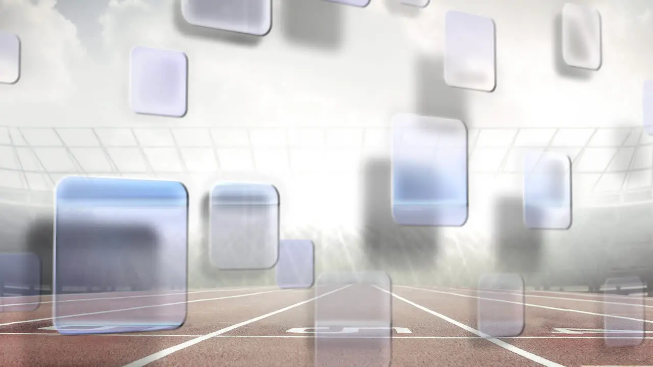 Animation of digital screens moving over racing tracks in sports stadium