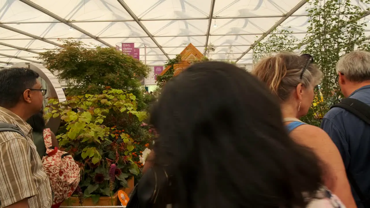 People jostling to see an exhibit at the chelsea flower show