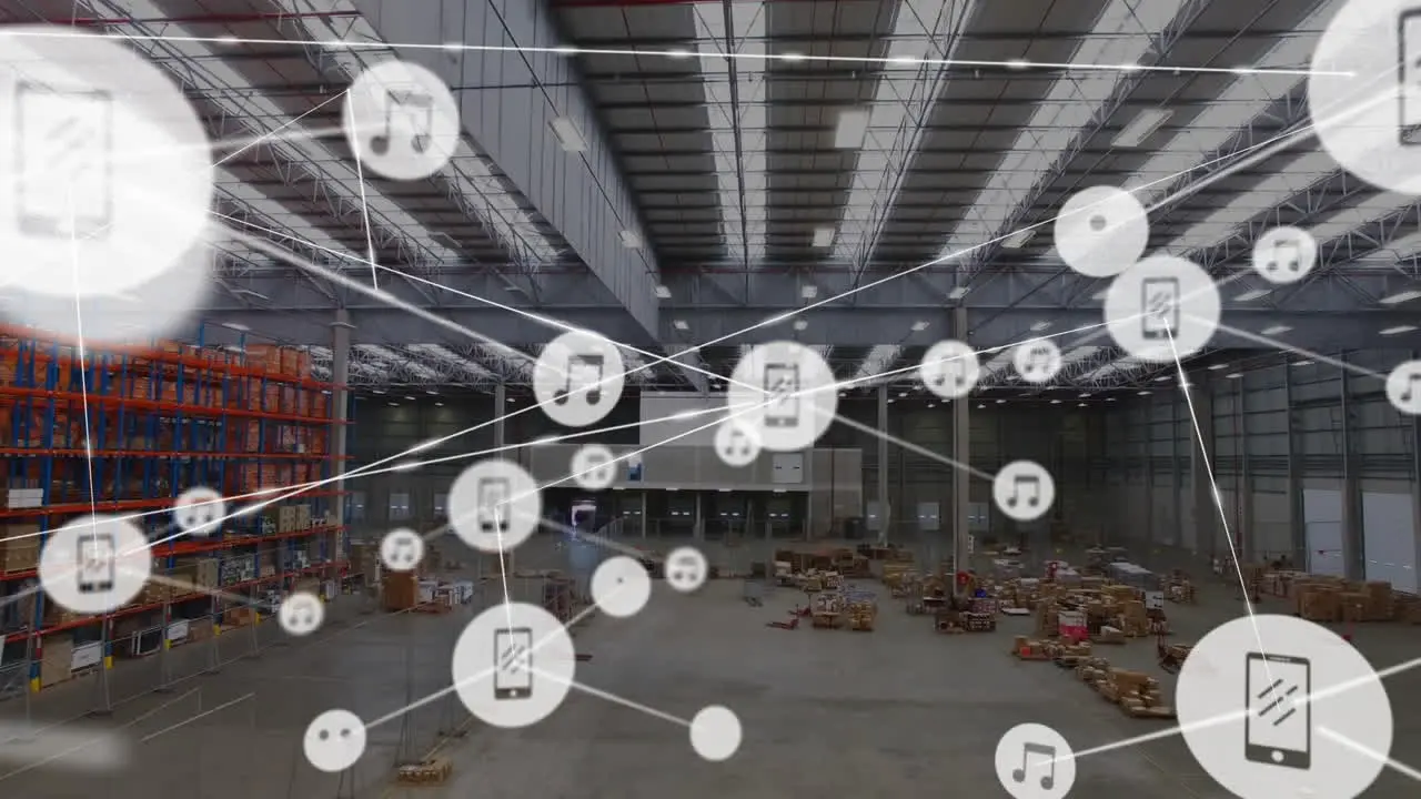 Animation of network of media icons over goods and shelves at storage warehouse