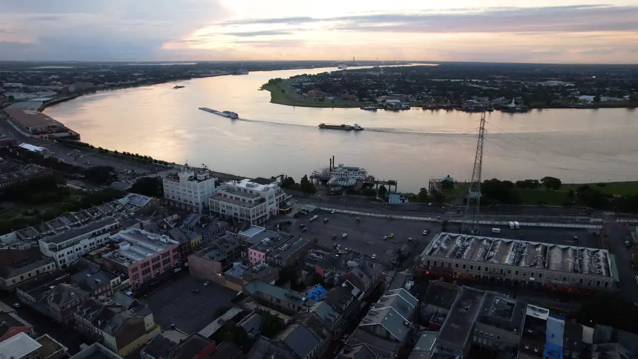 Aerial footage of ships in the Mississippi River in New Orleans