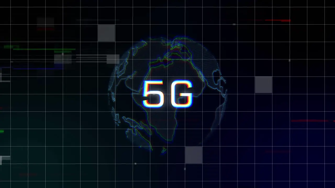 Animation of 5g over globe glitch and digital screen