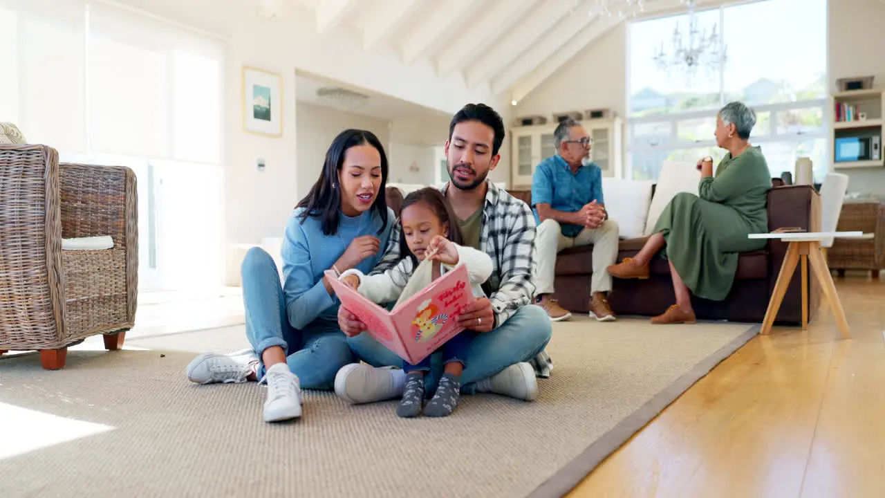 Happy father mother and child reading book