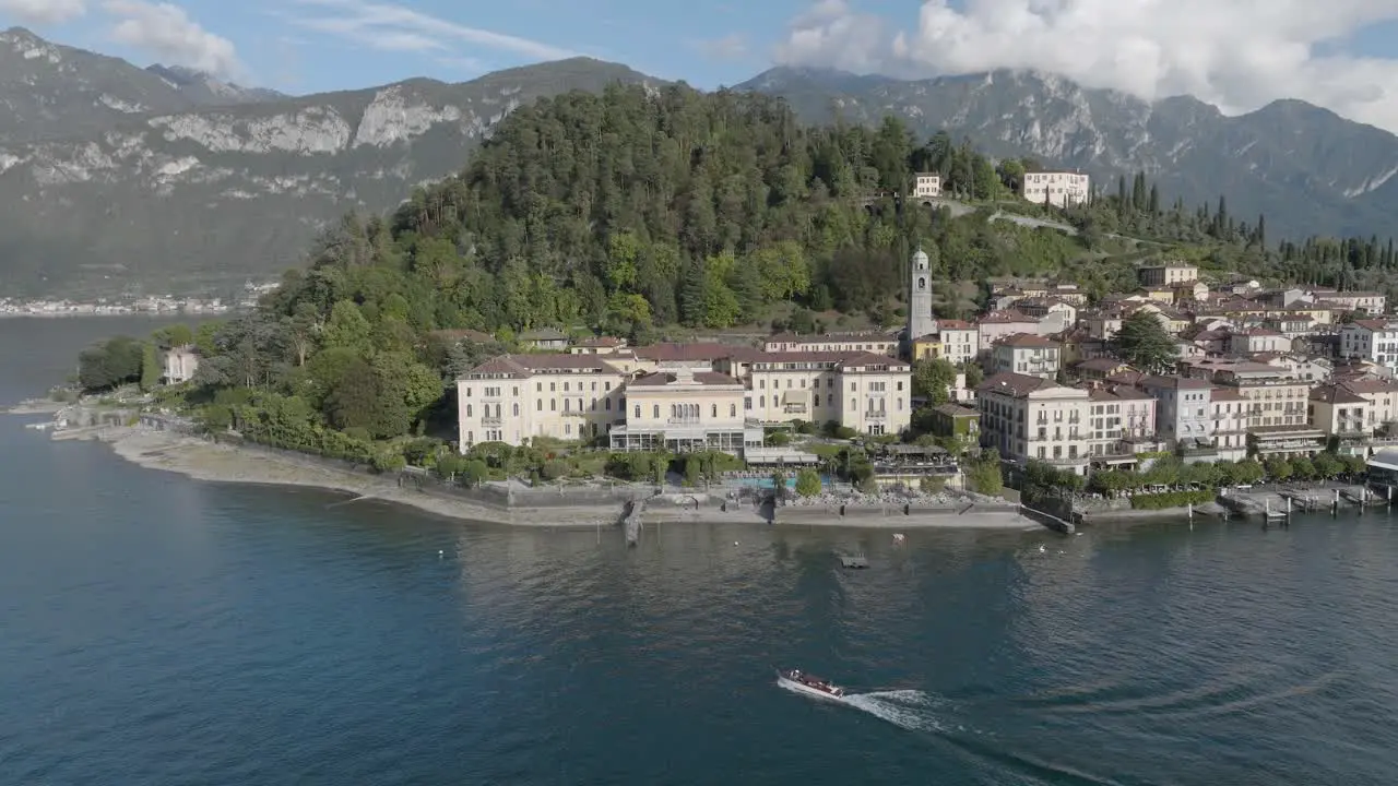 4K Aerial Slow pull back from Hotel in Bellagio Lake Como Italy