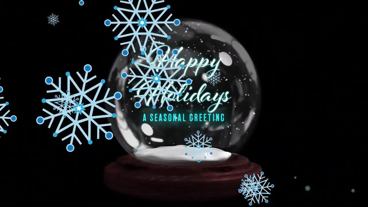 Animation of christmas snowflakes falling over snow globe with happy holidays on black background