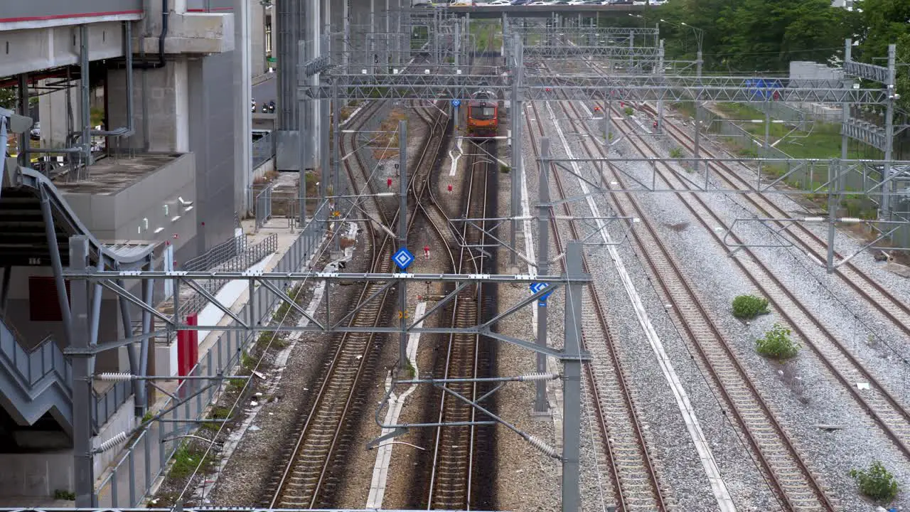 View from the top of a cargo train arriving at Bang Sue train station in Bangkok Thailand