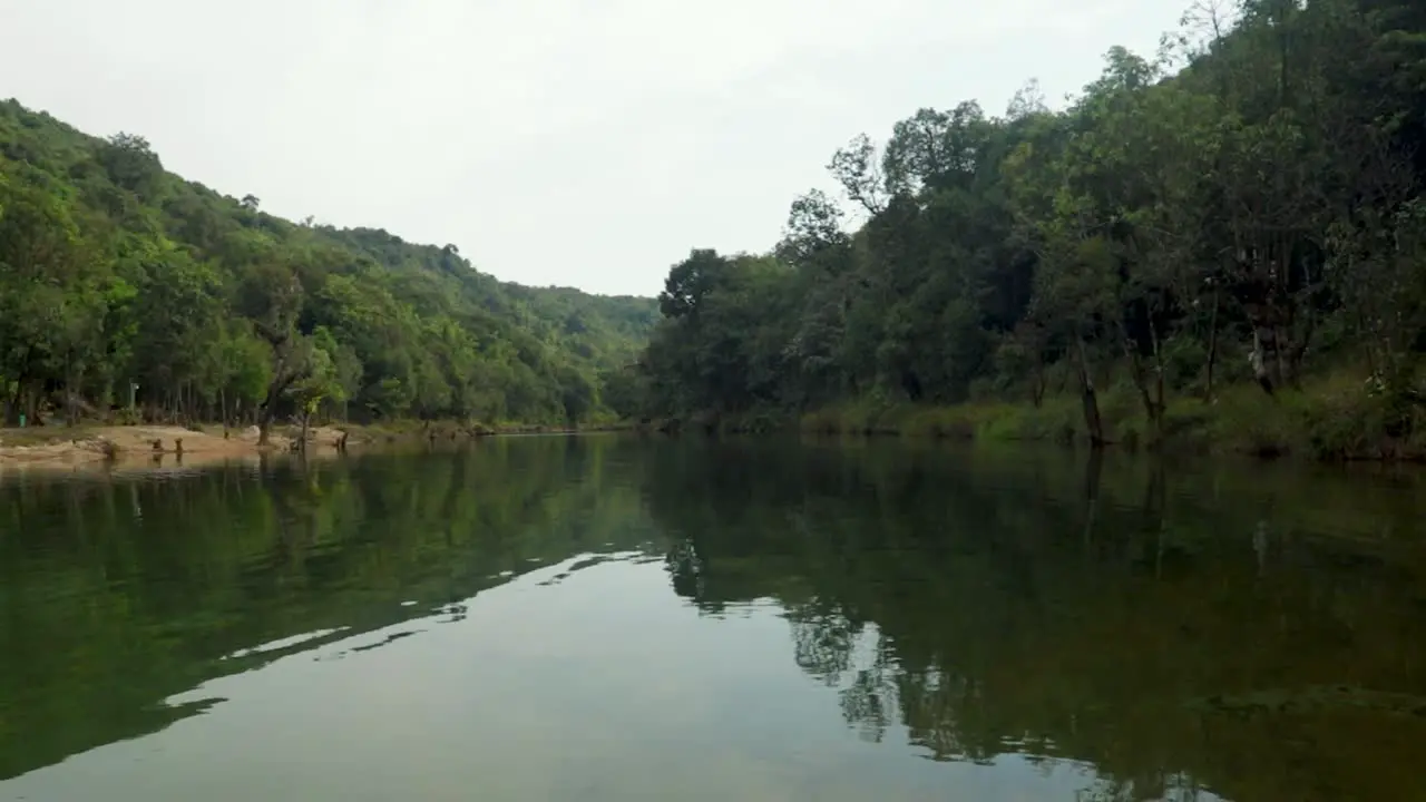 river covered with dense green forests and water reflection at morning from flat angle