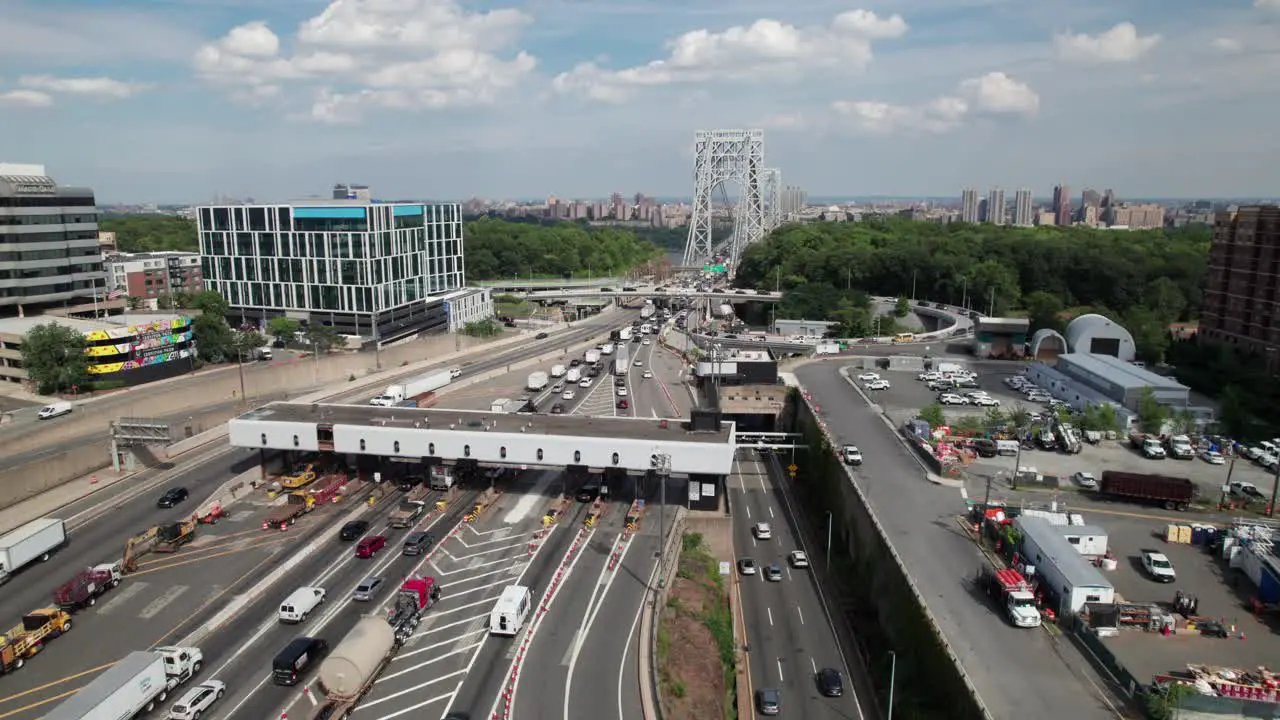 Toll plaza traffic at New York City bridge 4K aerial