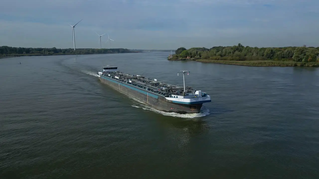 Aerial View Of Starboard Side Of Comus 2 Inland Tanker Along Oude Maas With Windmills In Background