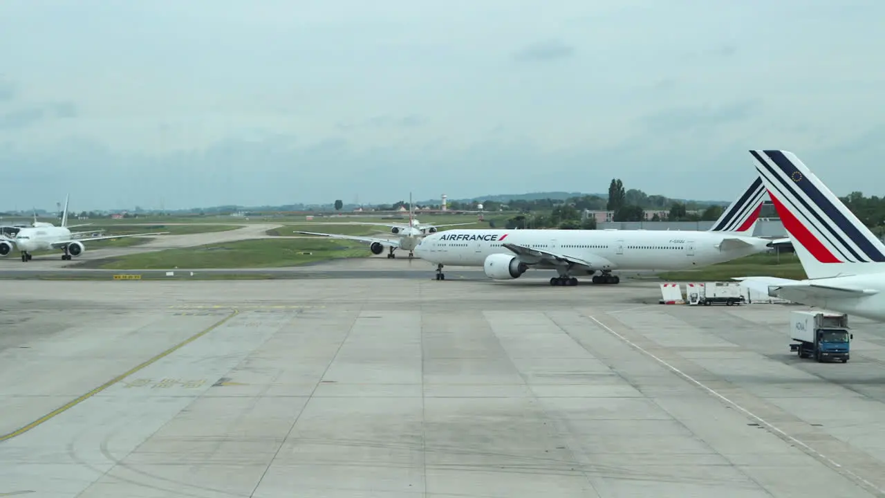 Air France jet pulls into queue at Charles de Gaulle airport waiting for takeoff