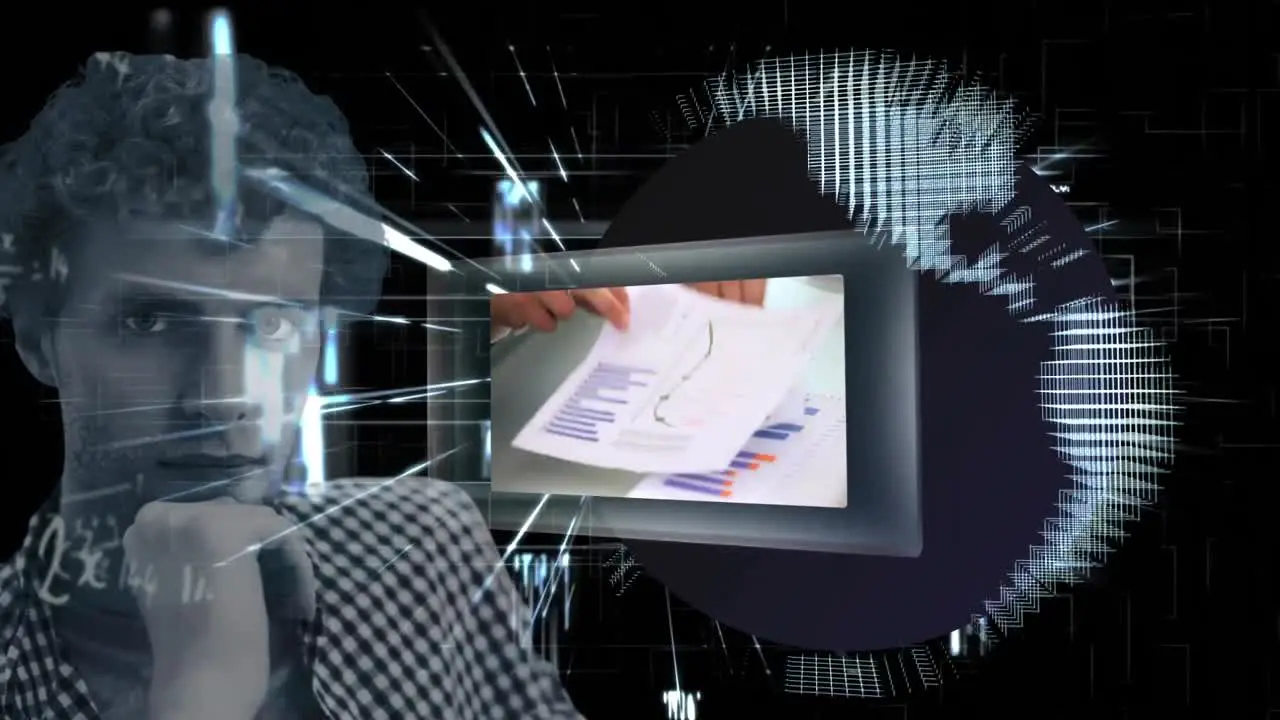 Animation of digital screens and globe over caucasian man