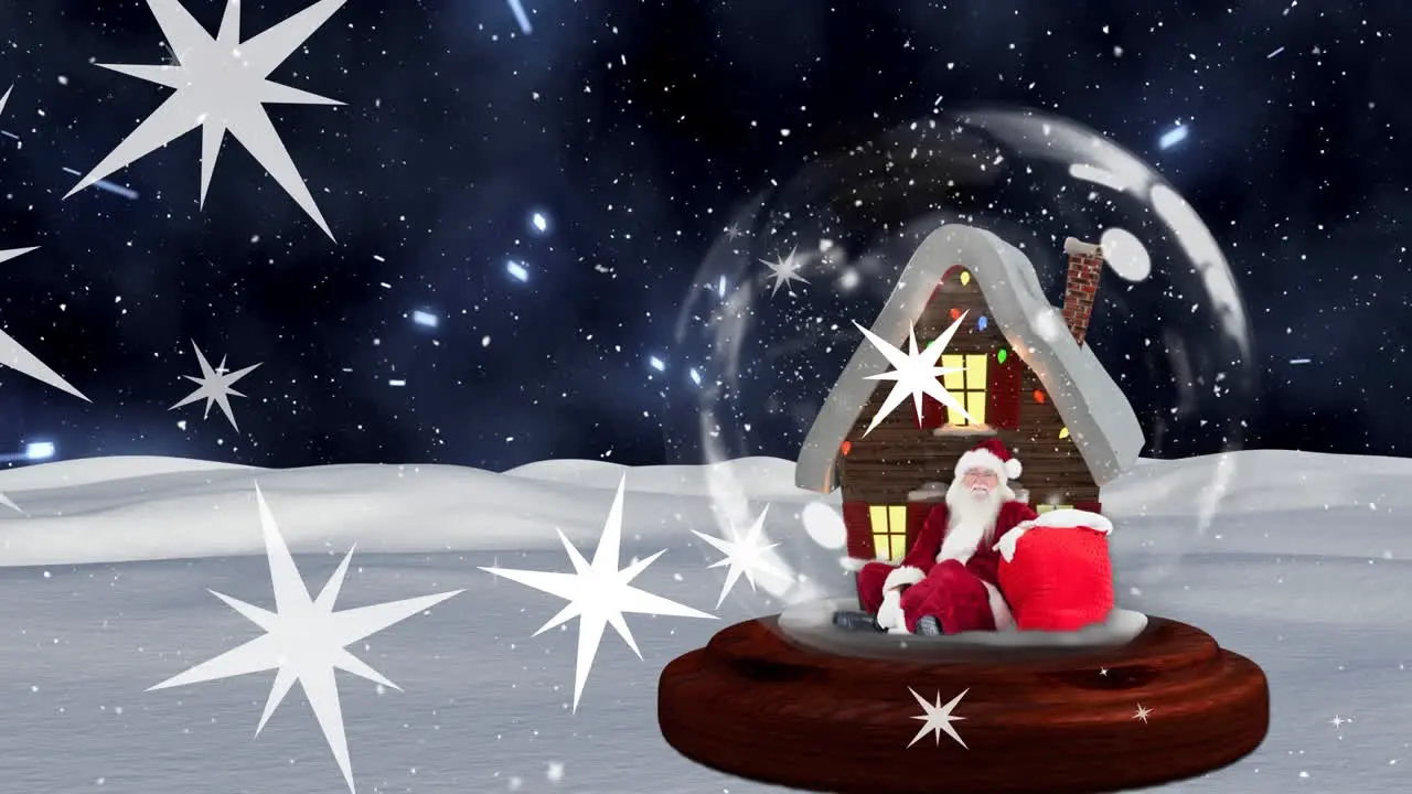 Animation of stars house in glass sphere on snow covered land snowfall against black background