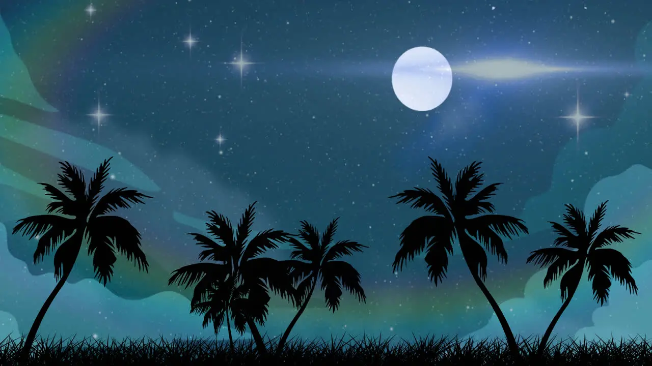 Animation of astronaut holding radio over palm trees stars and moon on sky