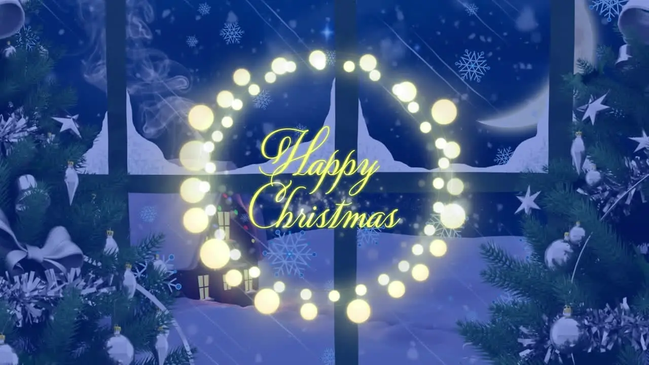 Animation of happy christmas text in illuminated wreath over christmas trees and snowy window