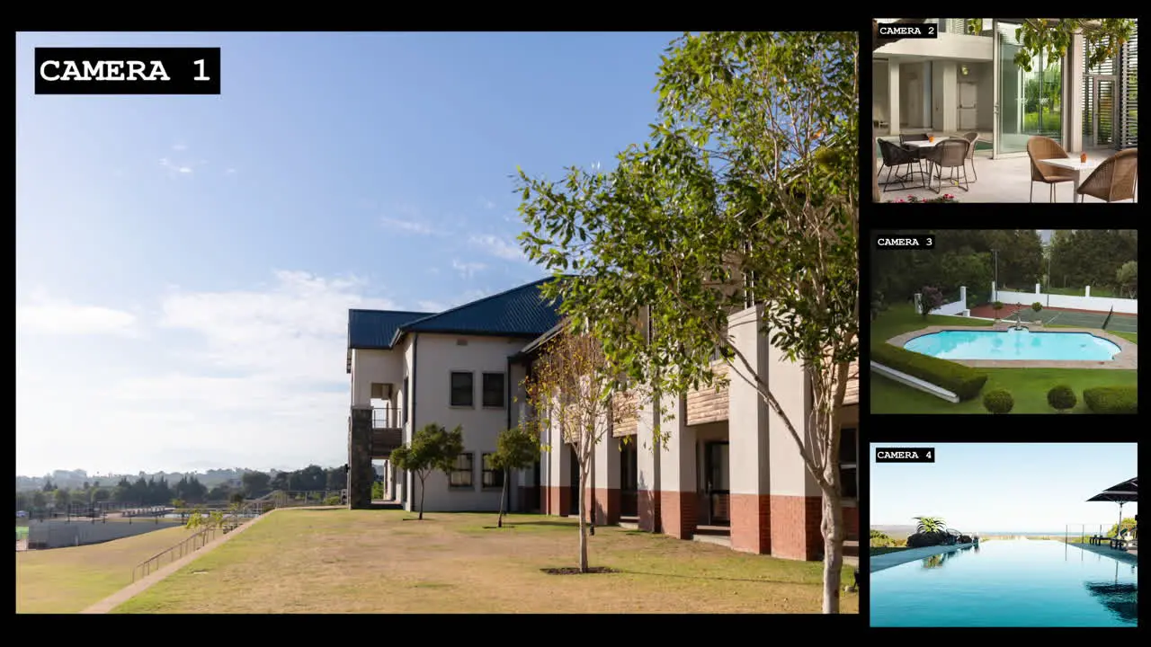 Four security camera views of luxury holiday resort exterior reception and pool areas slow motion