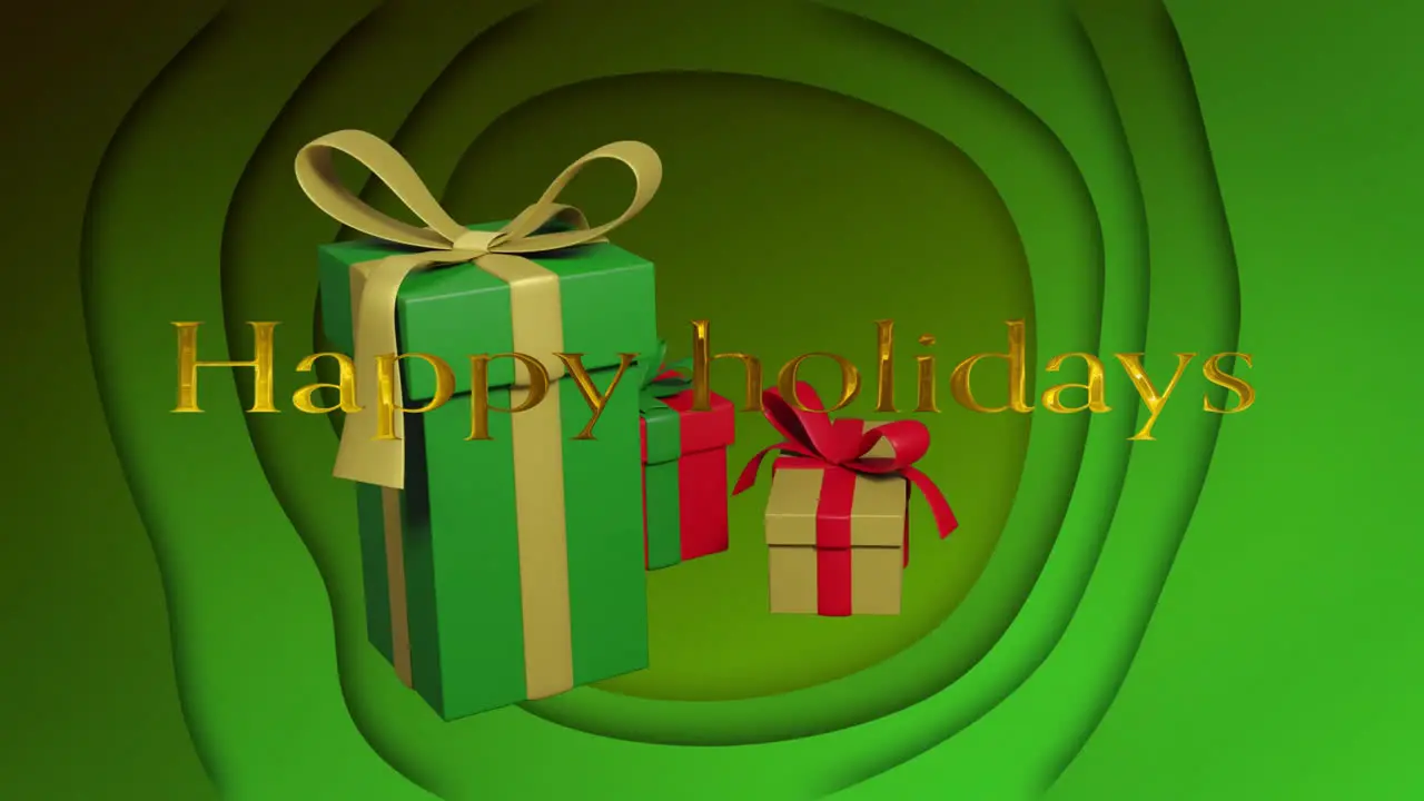 Animation of happy holidays text with gift boxes rotating on green abstract background