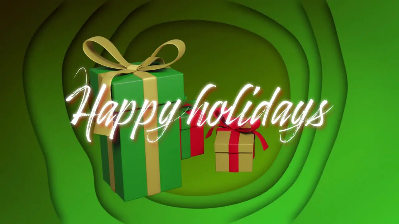 Animation of happy holidays text over gift boxes rotating on green abstract background