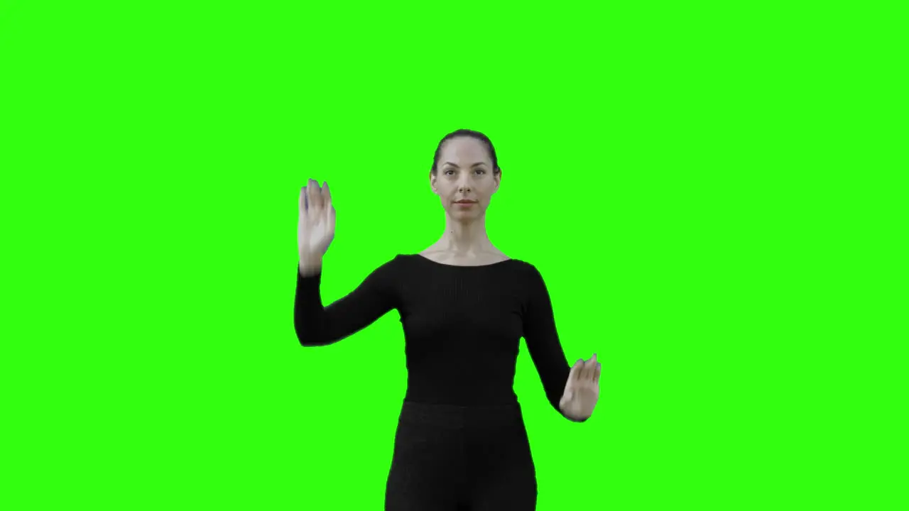 Woman Act Swipe Gestures Pitch Zoom In and Tap with Green Screen