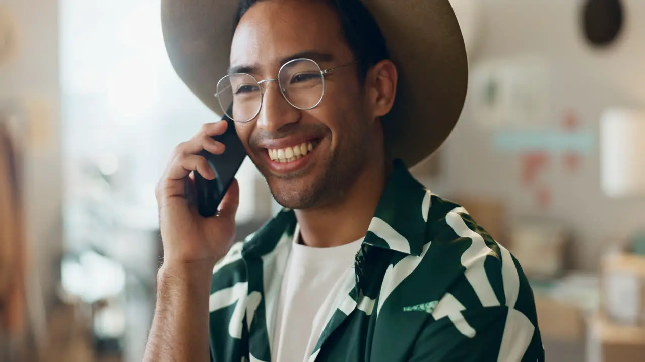 Phone call home and man laughing with small