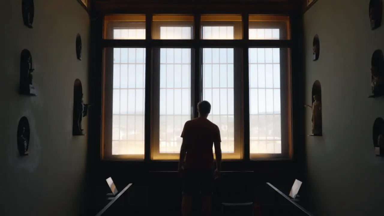 Silhouette Of Man Looking Out The Window Of A Museum