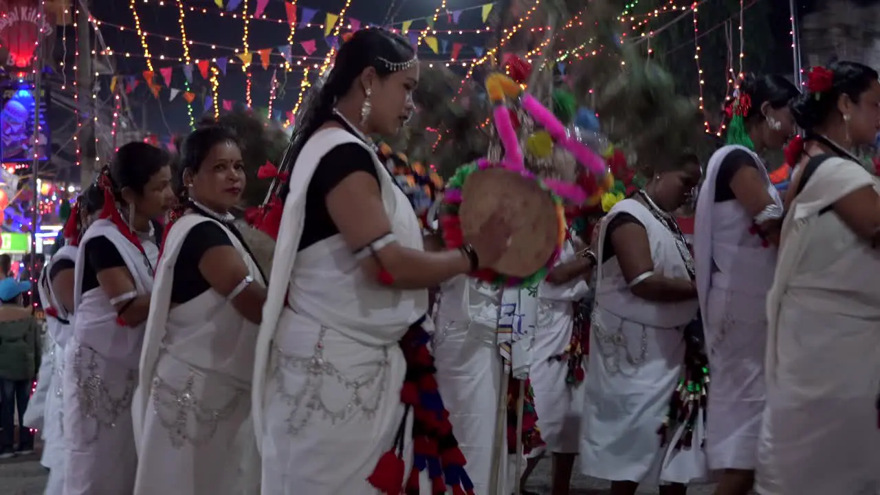 Sauraha Nepal February 14 2021 A traditional Tharu cultural dance performed at night in the small town of Sauraha in the Chitwan Region of Nepal