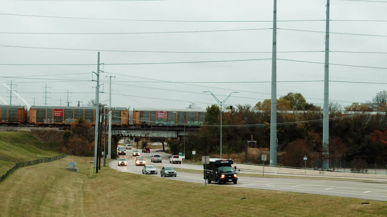 Train passing over bridge in Dallas Texas