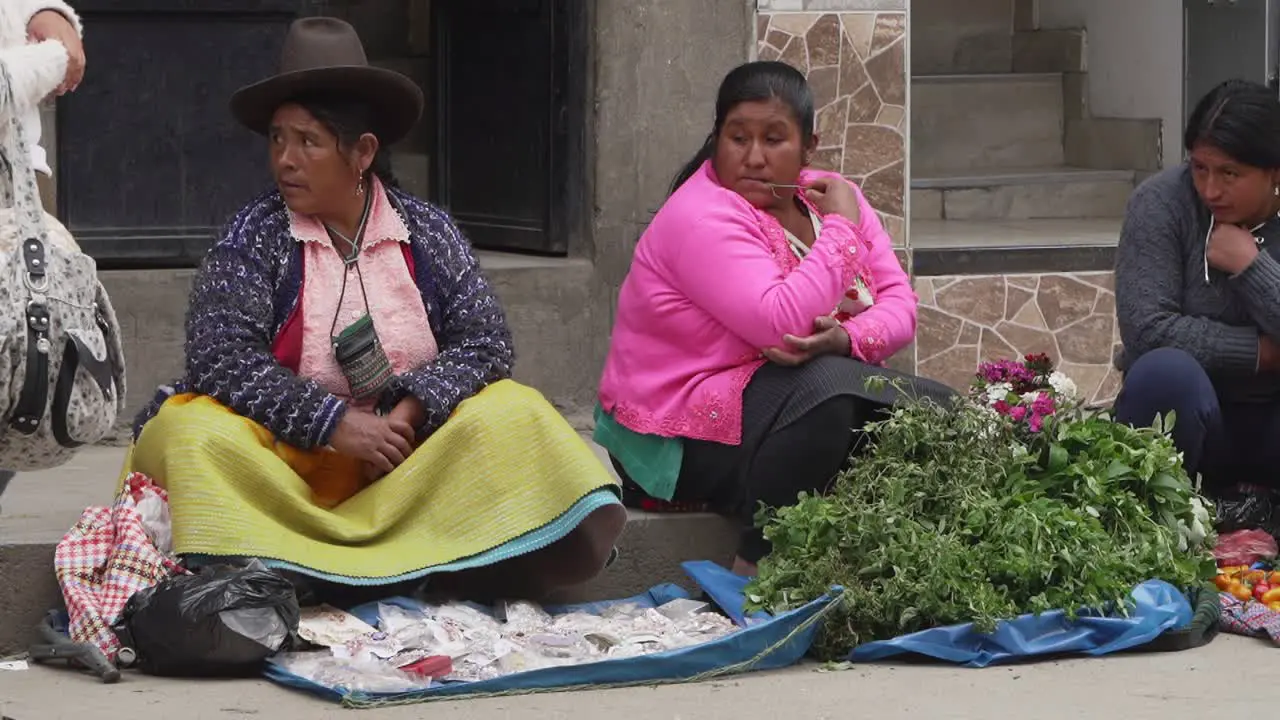 Local Peruvian Women Street Sellers With People Walking Past