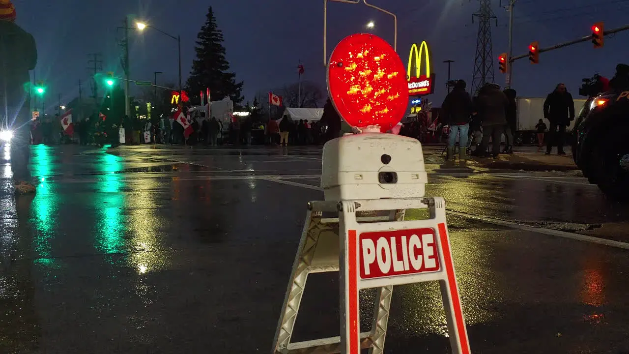 Flashing Police Cone at Freedom Convoy Protest in Windsor Canada