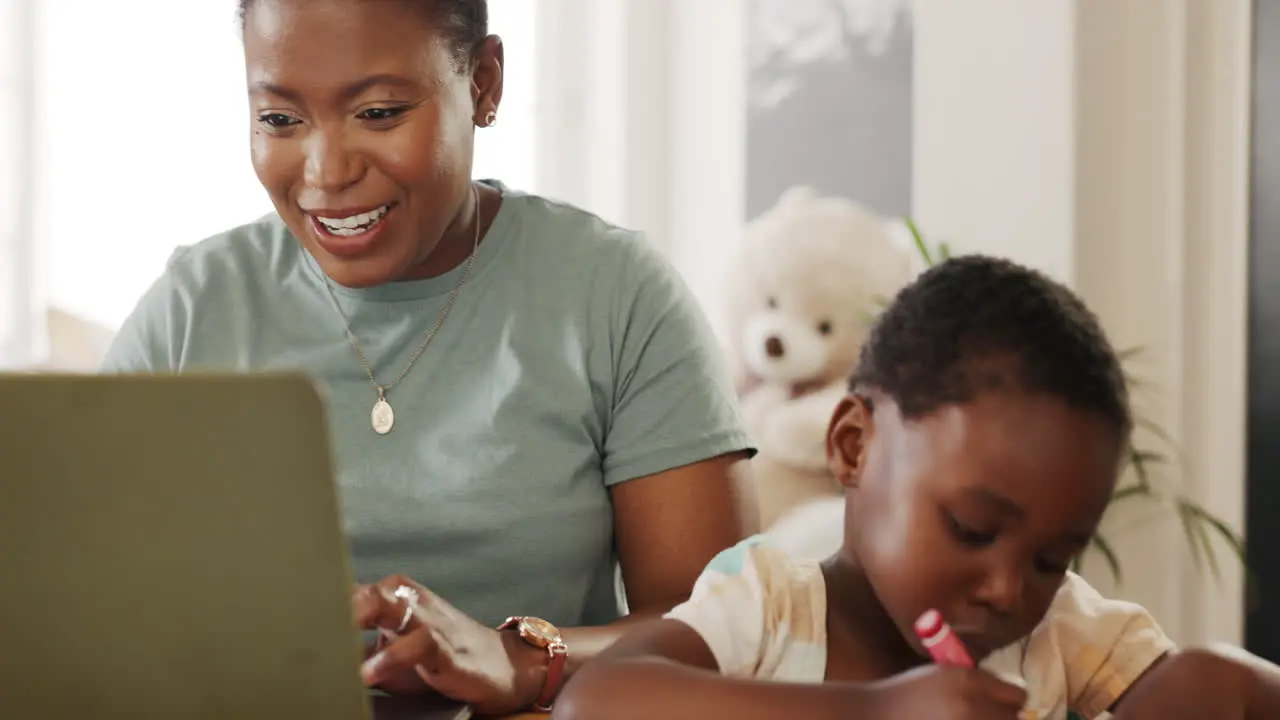 Work from home high five and mother with african