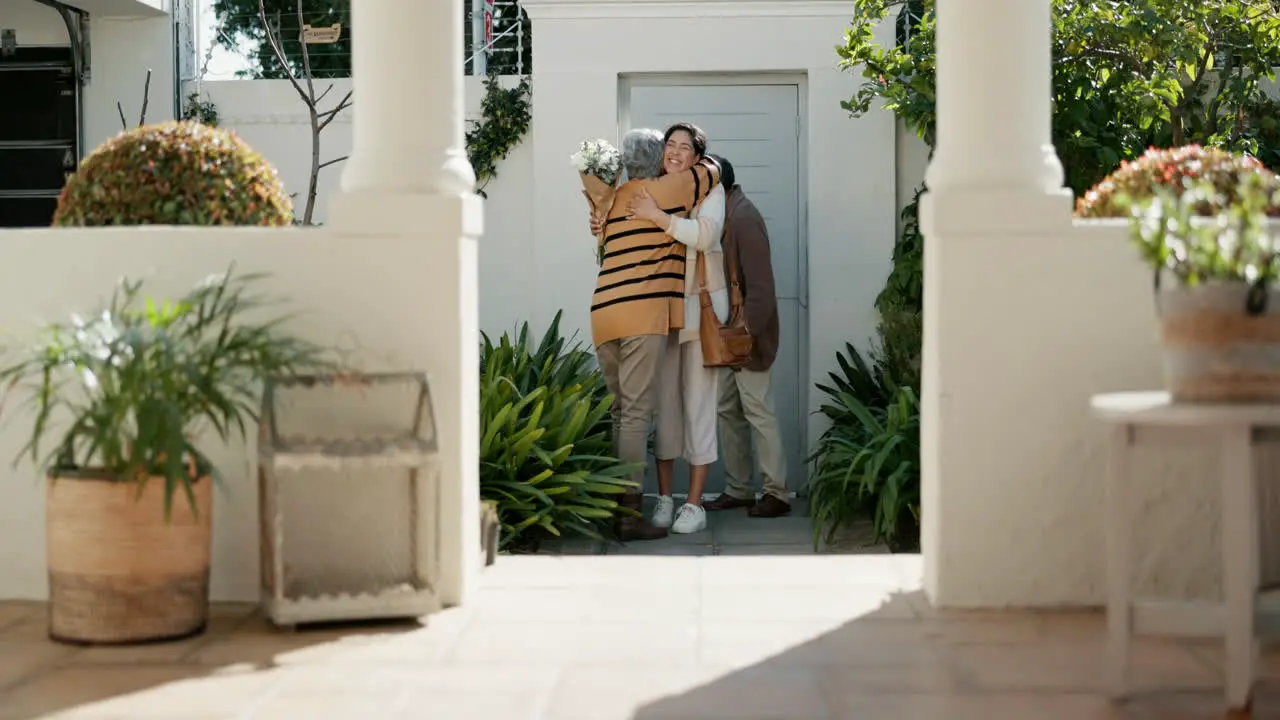 Woman flowers or senior parents hug for bonding