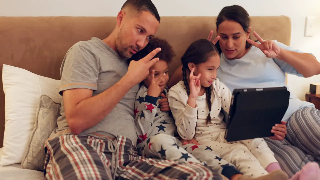 Tablet bedroom or happy family take a selfie