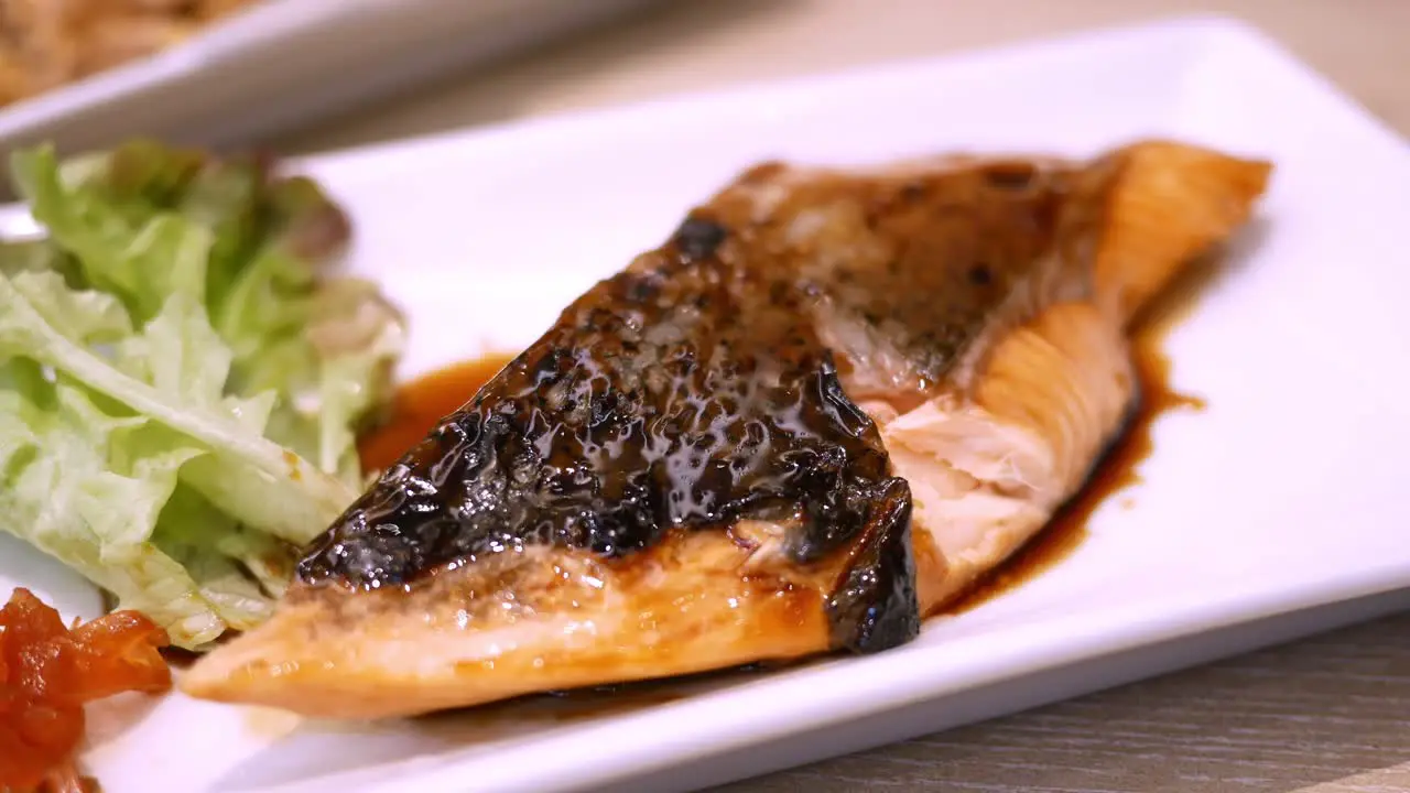 Detail of plate with piece of grilled salmon with salad