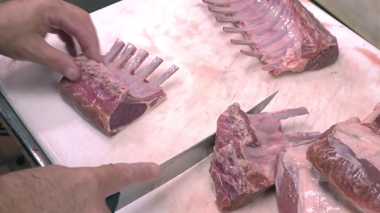 Prime beef meat being cut and prepared to be cooked