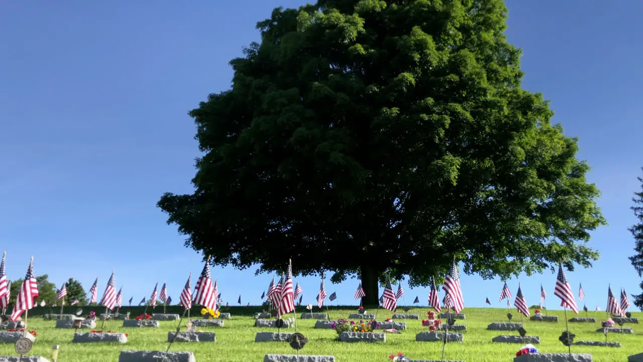 Memorial graveyard with American flags