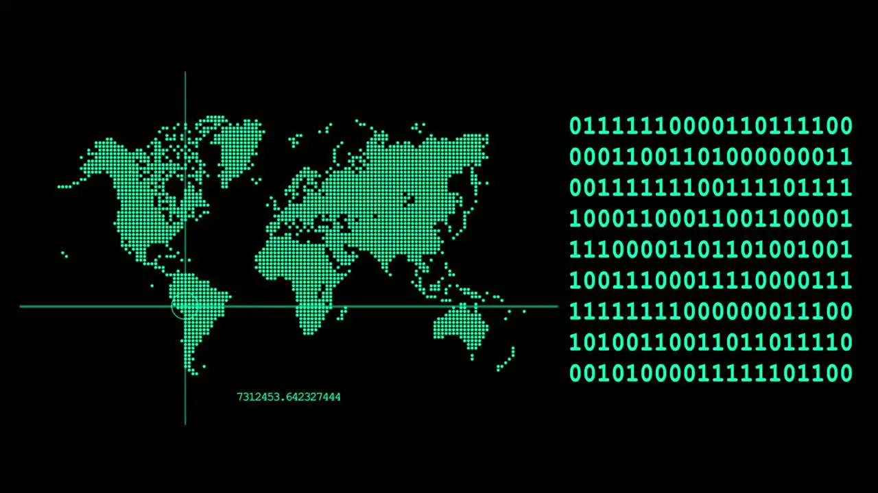 HUD green monitor target aiming point moving around world map continents with random binary code futuristic world geographic target network planning footage concept