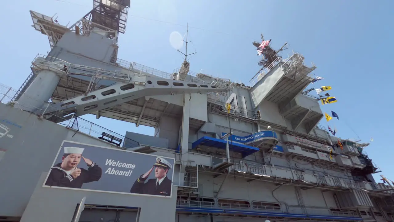 Awesome super wide angle exterior panoramic shot of the USS Midway Museum