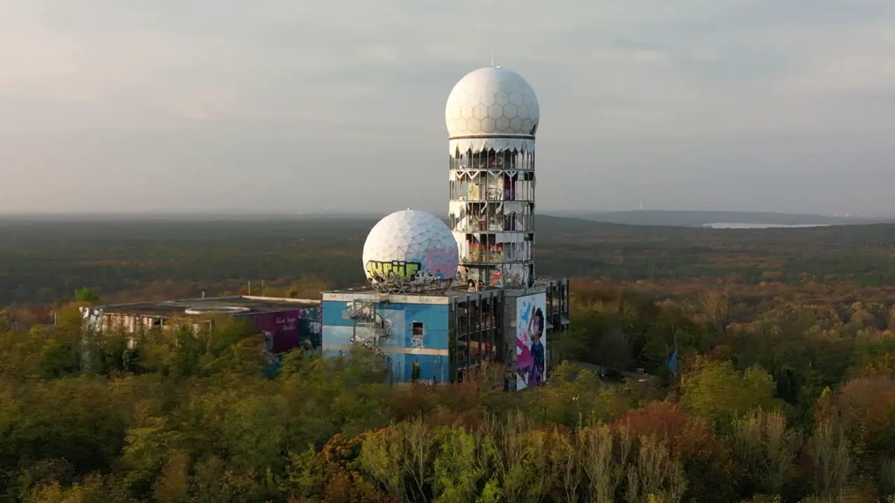 Marvelous aerial view flight panorama orbit to left drone
autumn forest Radoms at morning sunrise devil's mountain in woods berlin October 2022