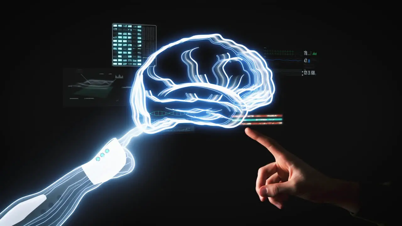 Human fingers and android point to a digital brain